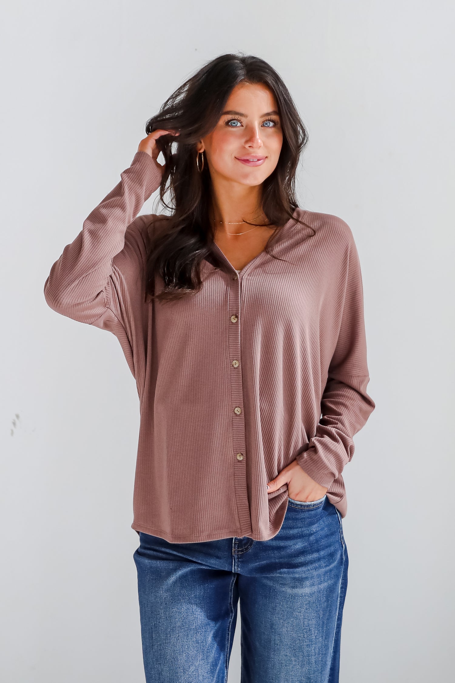 Cozy Classic Ribbed Knit Button Front Top