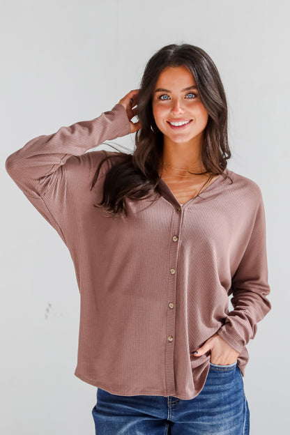 Cozy Classic Ribbed Knit Button Front Top