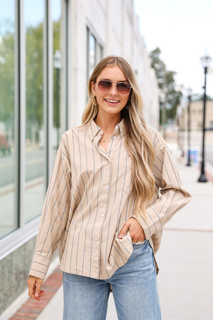 Convincingly Chic Taupe Striped Button-Up Blouse