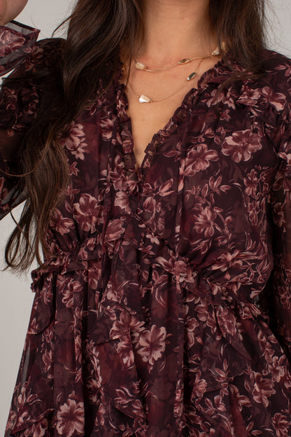 Love Every Detail Burgundy Floral Mini Dress