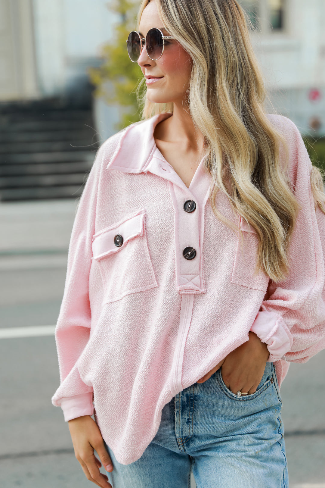 blush Oversized Collared Top on model