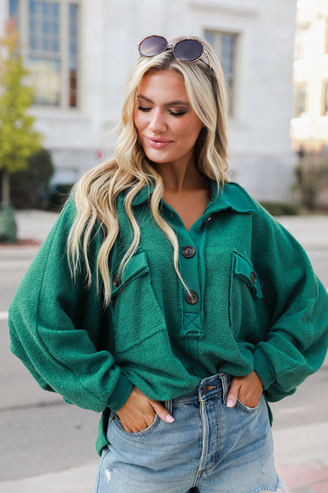 hunter green Oversized Collared Top on model