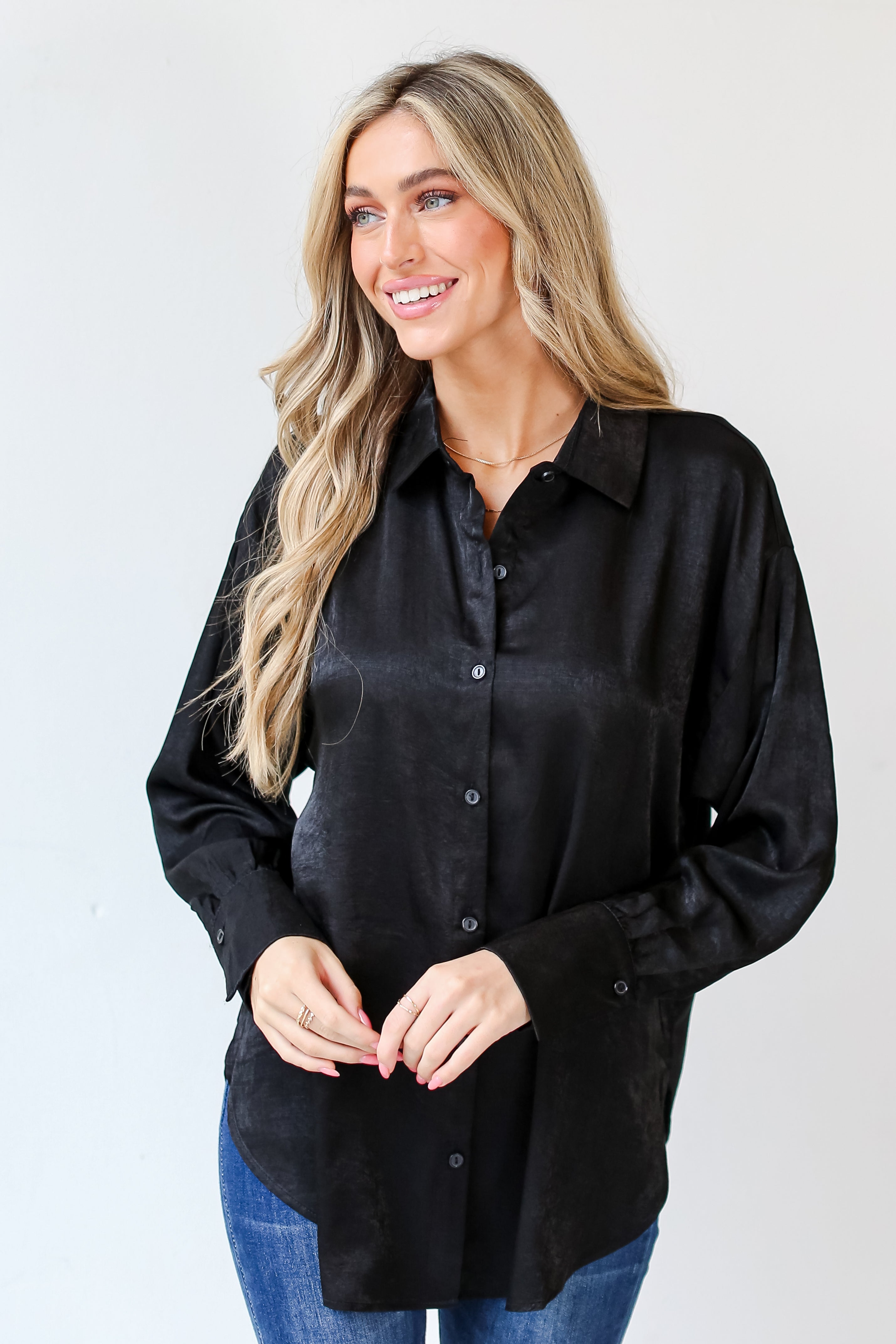 black Satin Button-Up Blouse front view