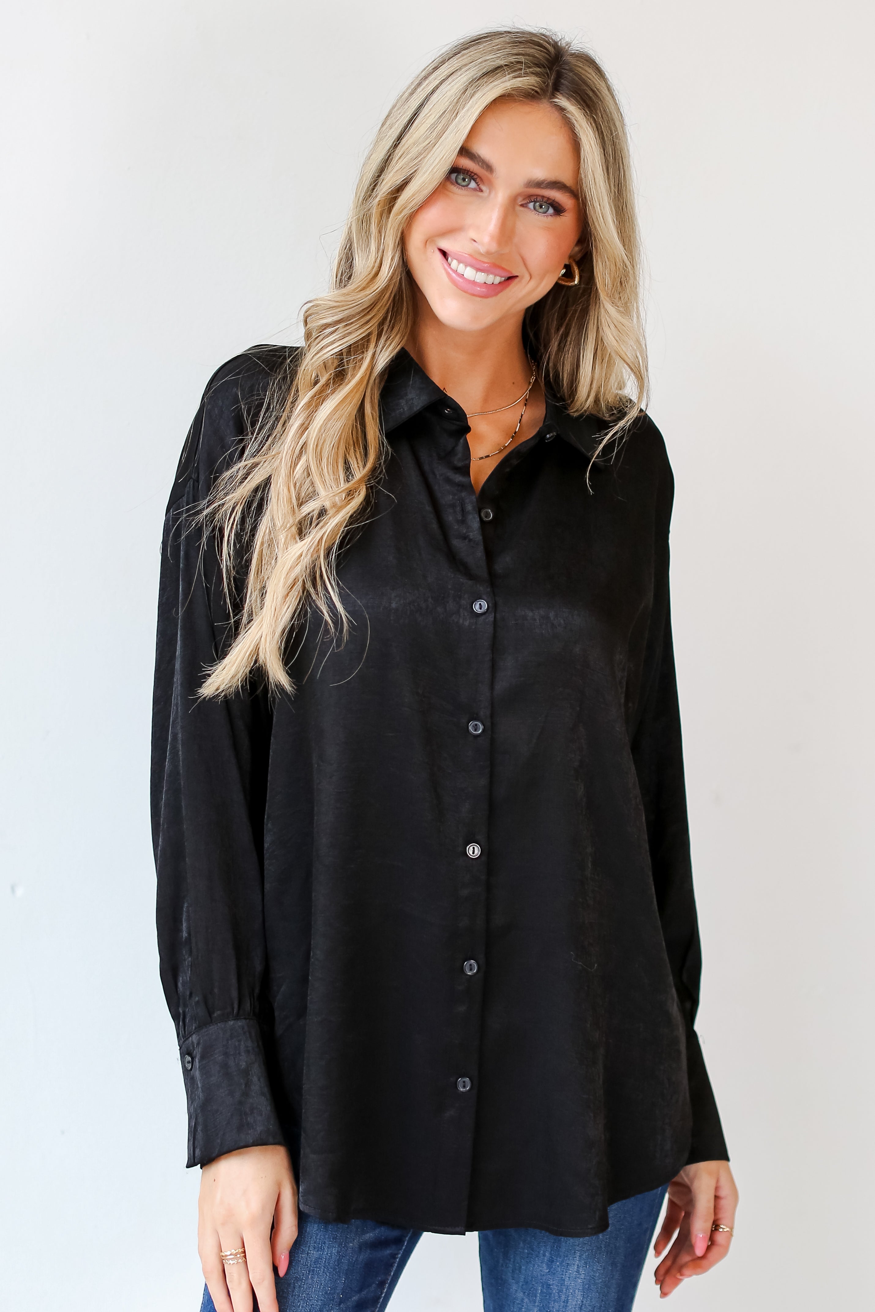 black Satin Button-Up Blouse