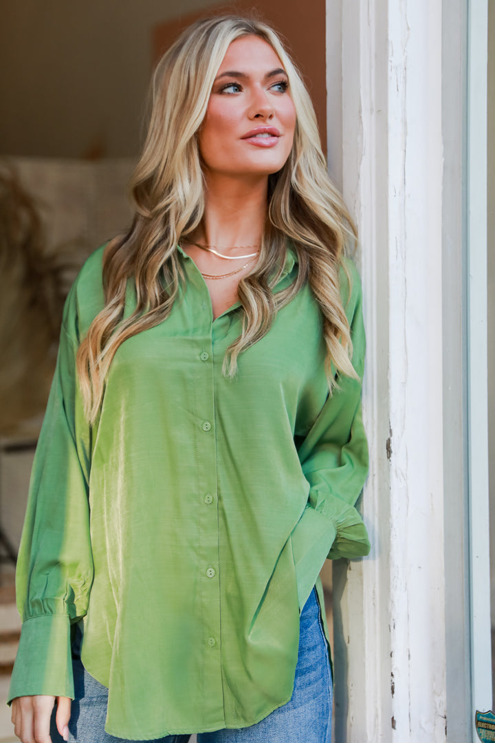 sage Satin Button-Up Blouse on model