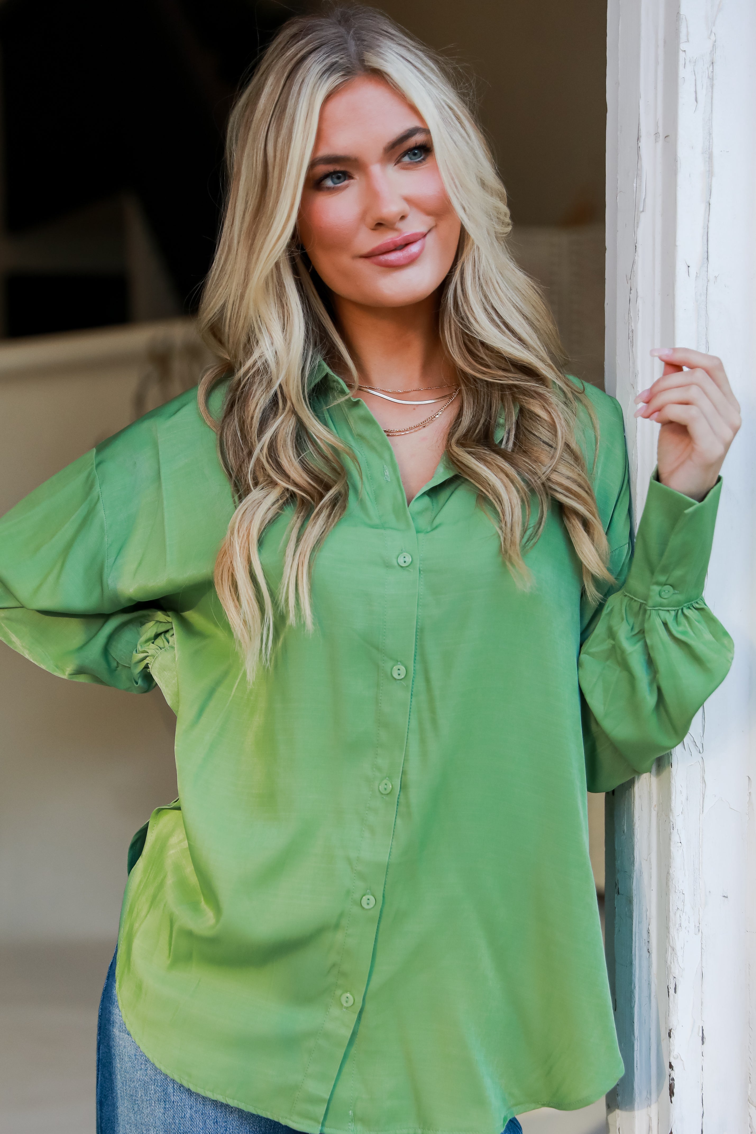 sage Satin Button-Up Blouse