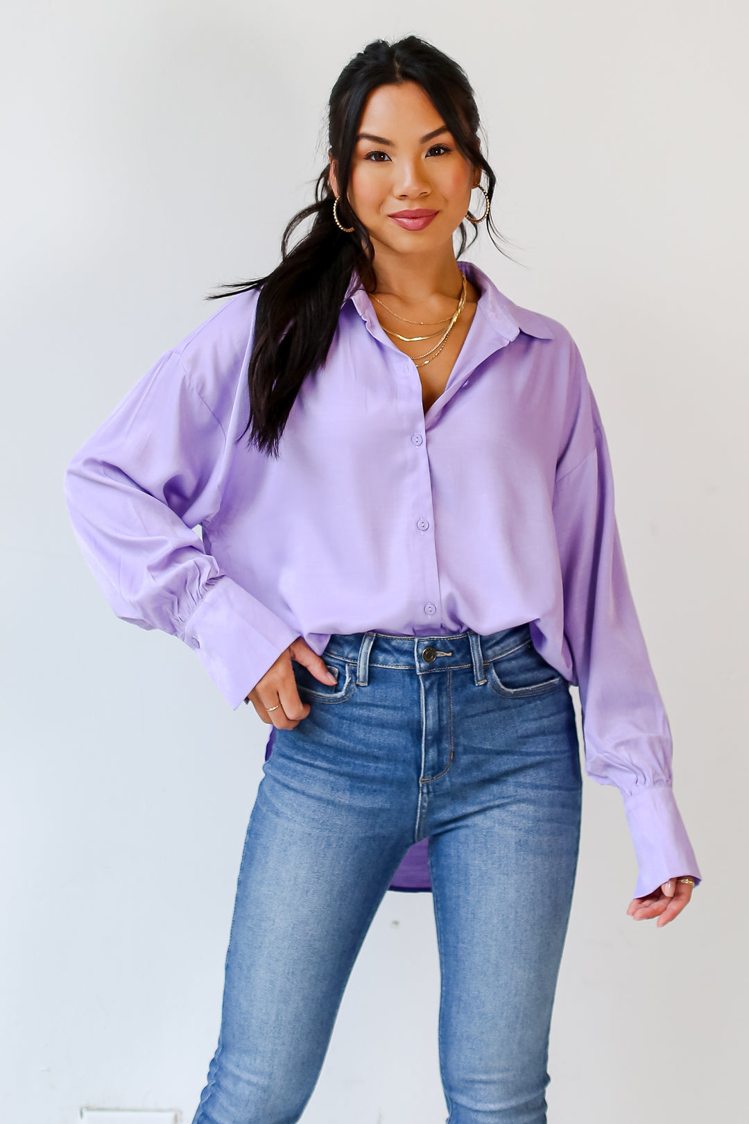 lavender Satin Button-Up Blouse front view