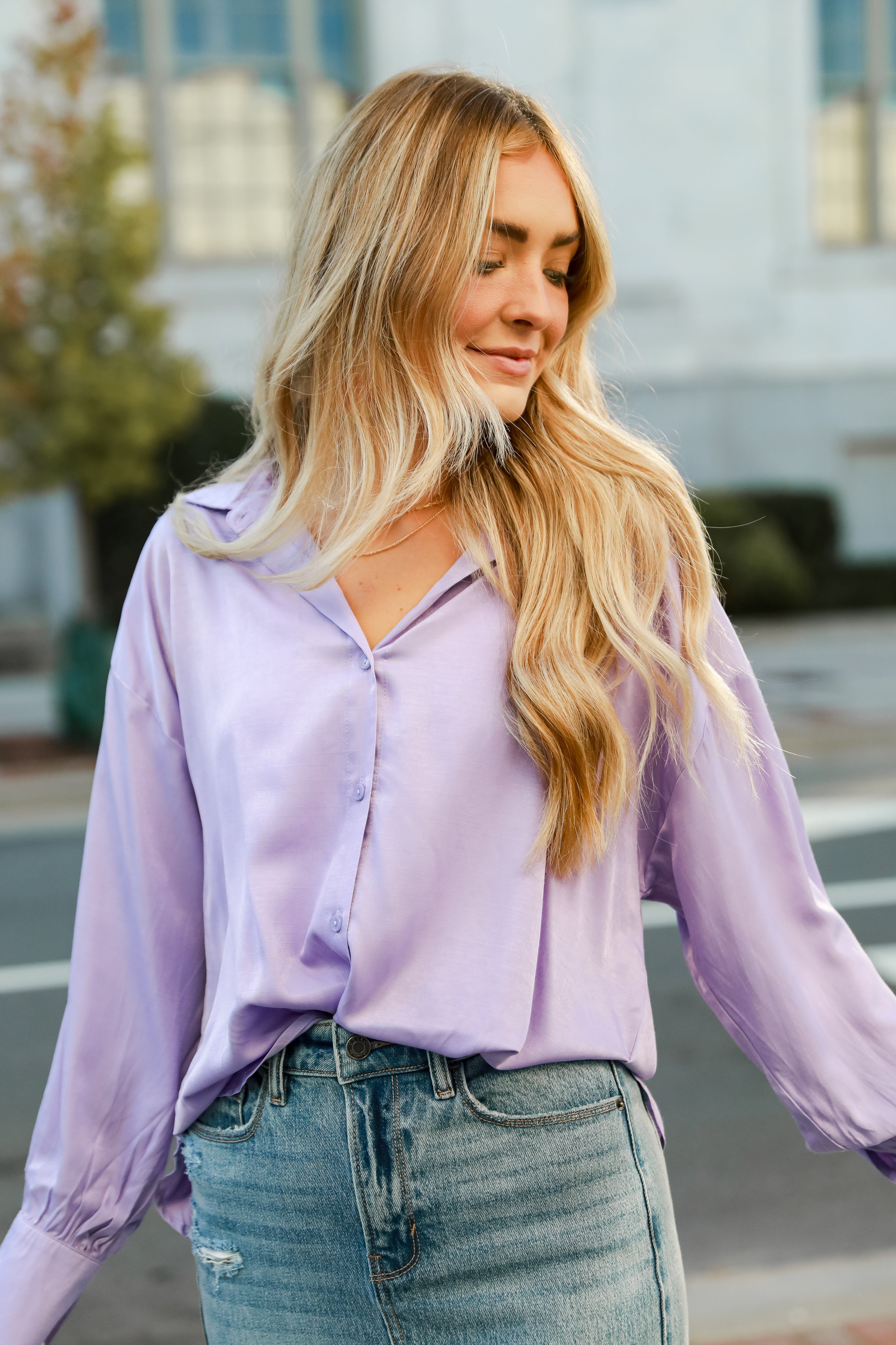 lavender Satin Button-Up Blouse