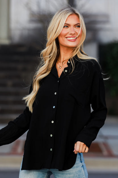 black Linen Button-Up Blouse