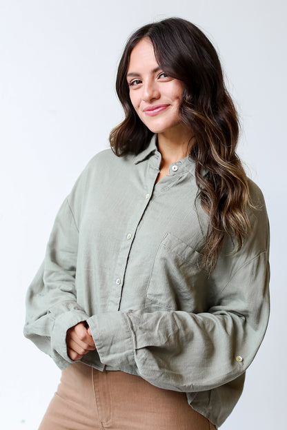 olive Linen Button-Up Blouse side view