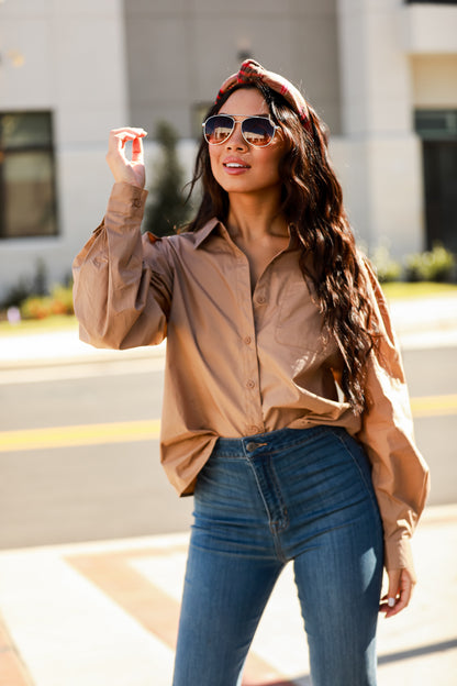 taupe Button-Up Blouse