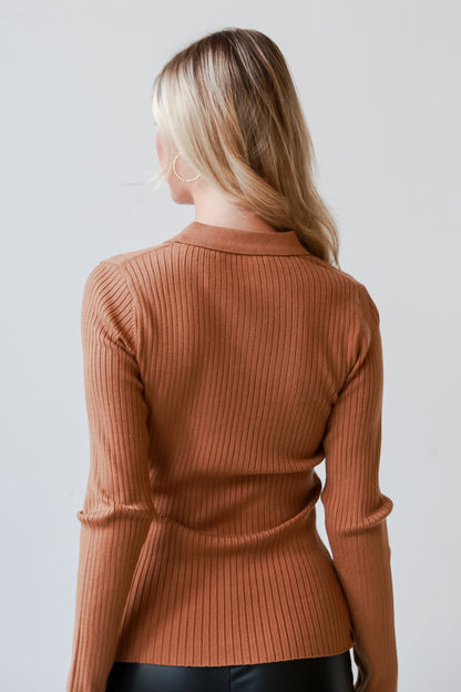 Camel Ribbed Knit Button-Up Top back view