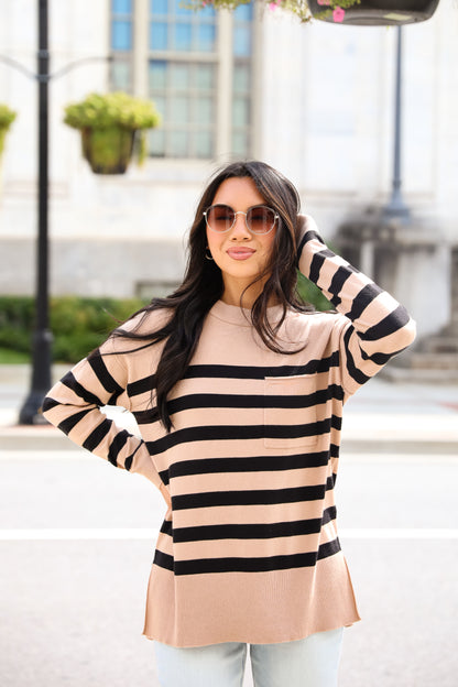 Cuddled Up Days Camel Striped Sweater