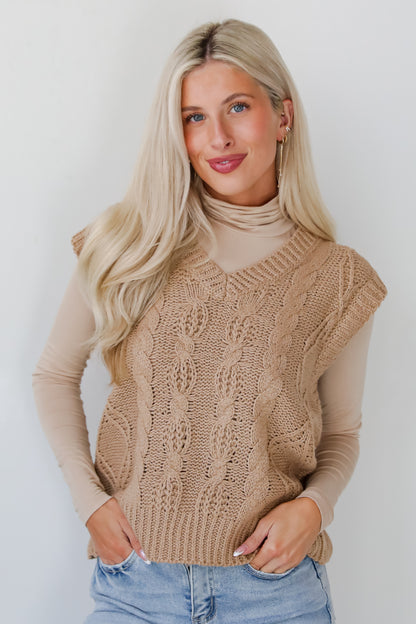 Sincerely Trendy Camel Cable Knit Sweater Vest