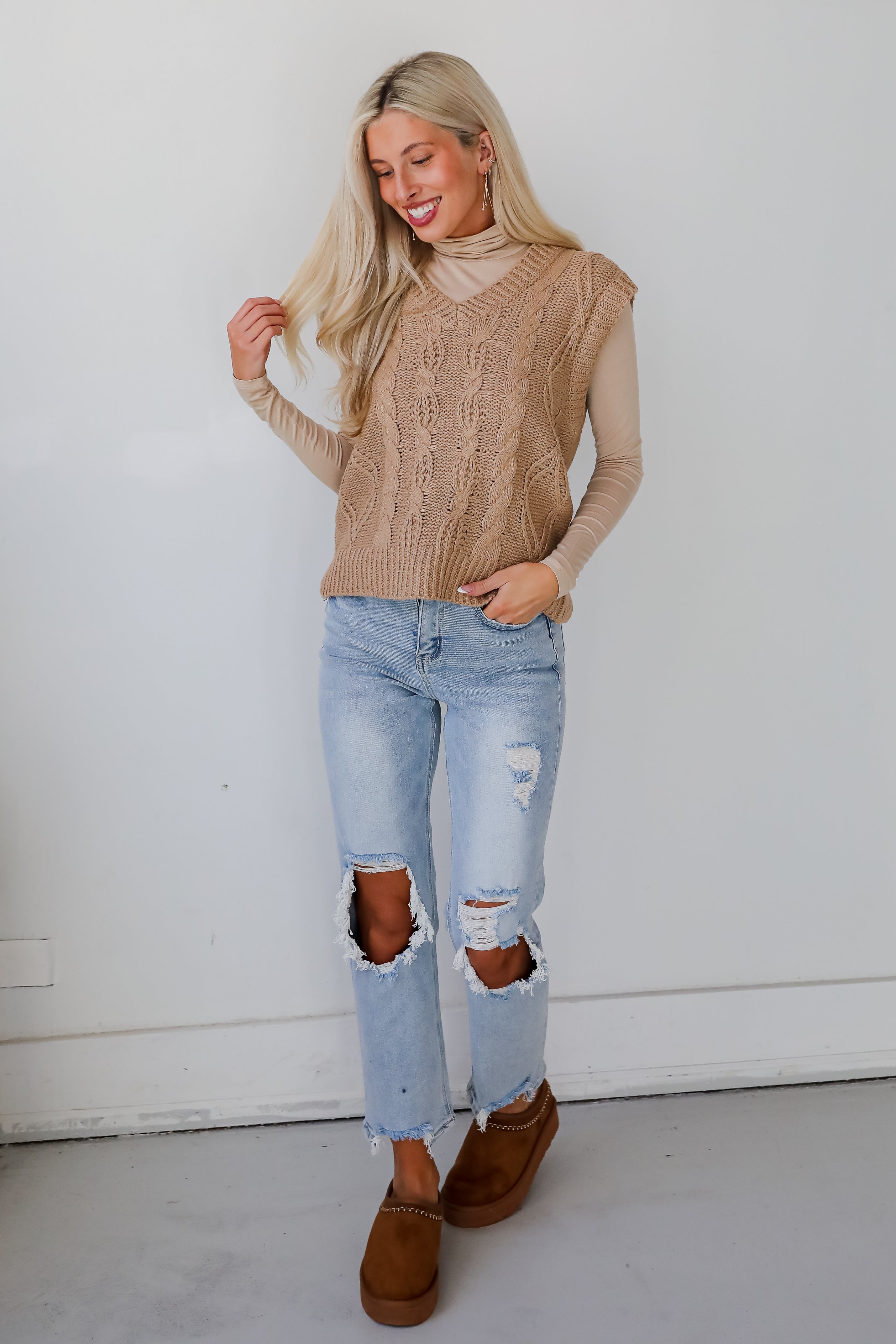 Sincerely Trendy Camel Cable Knit Sweater Vest