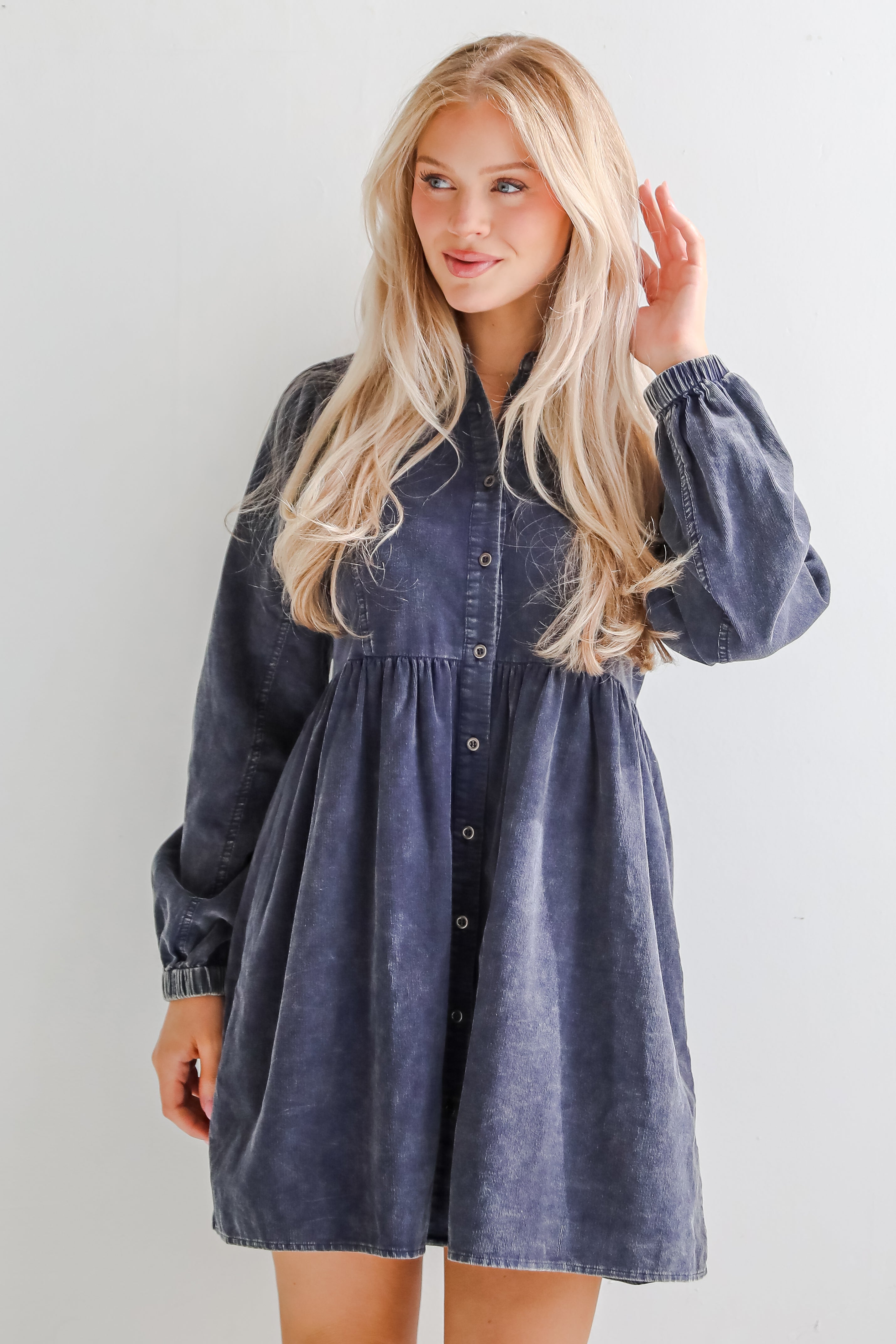 Cutest Expectation Charcoal Corduroy Babydoll Mini Dress