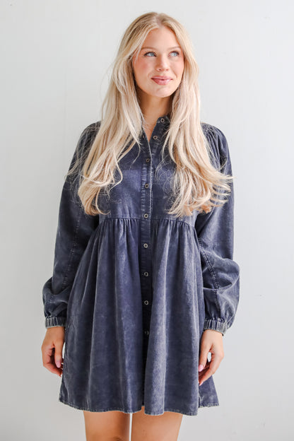 Cutest Expectation Charcoal Corduroy Babydoll Mini Dress