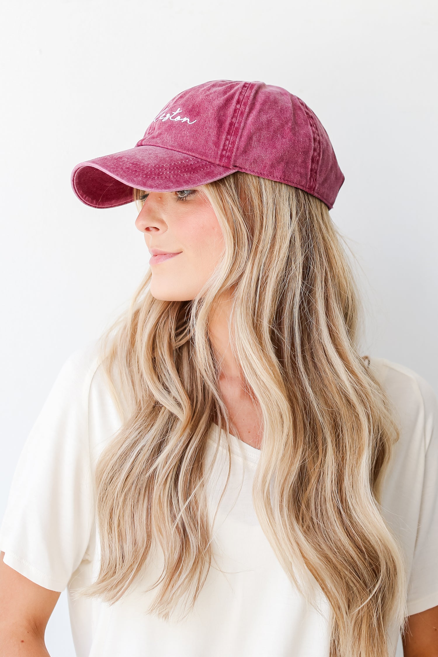 burgundy Charleston Script Embroidered Hat side view