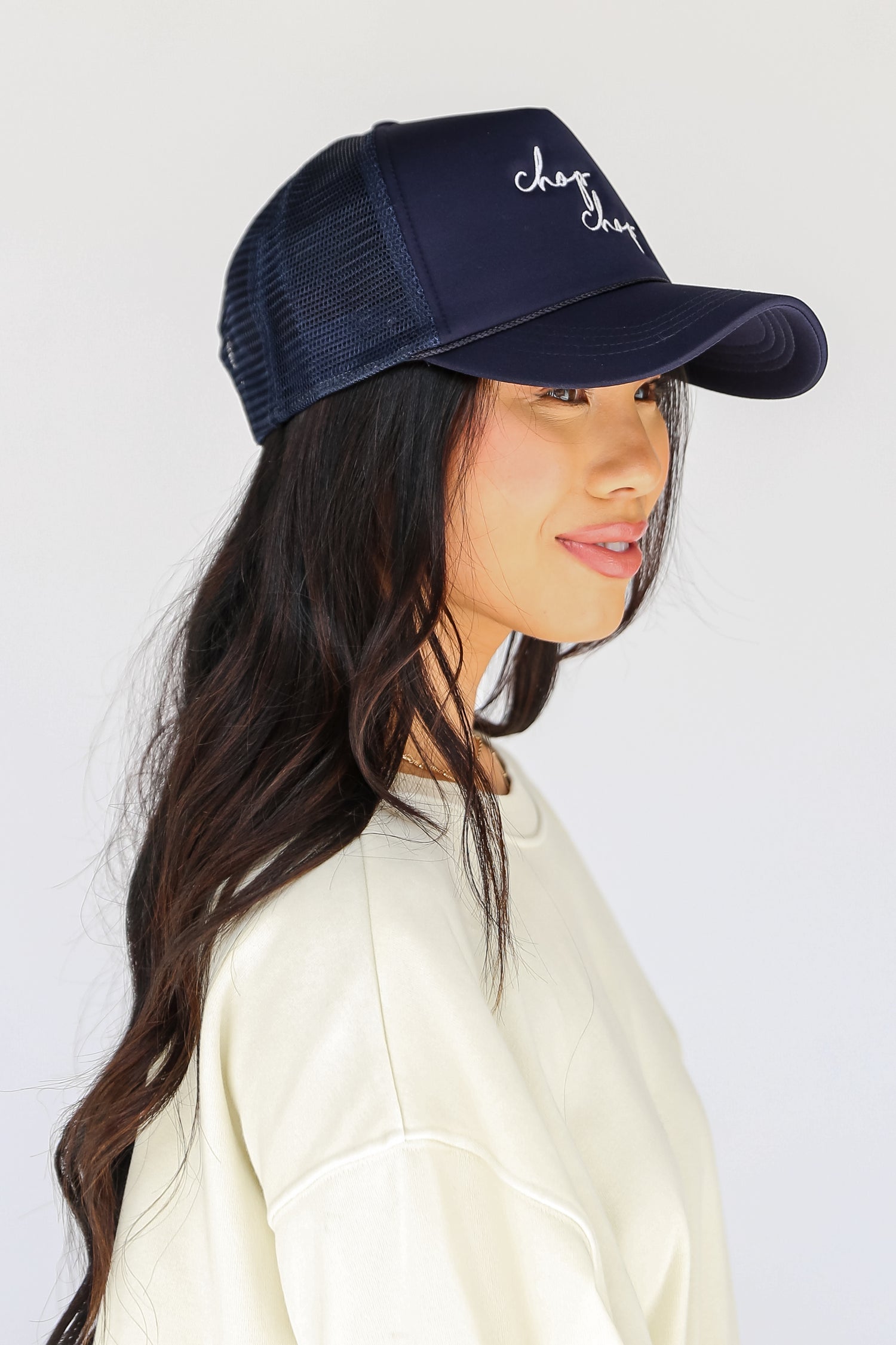 Navy Chop Chop Trucker Hat side view