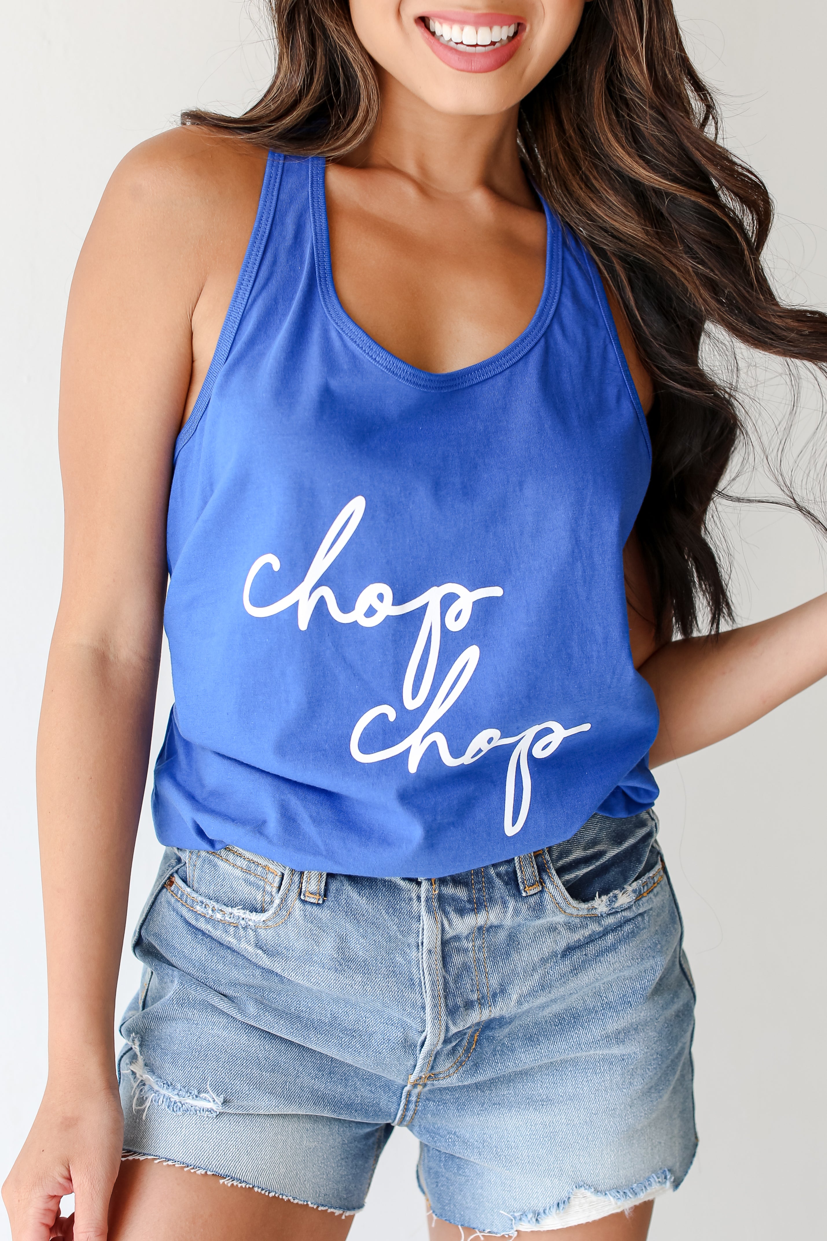 Blue Chop Chop Tank on model