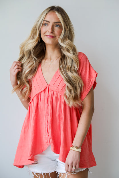 womens Coral Linen Blouse