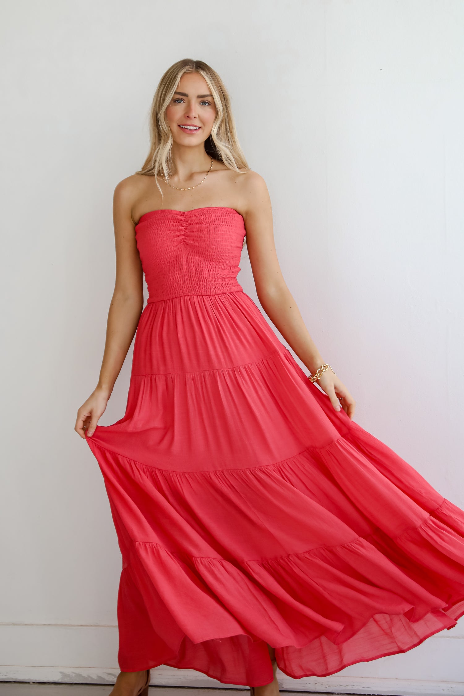 Getaway Mood Coral Strapless Tiered Maxi Dress maxi dresses