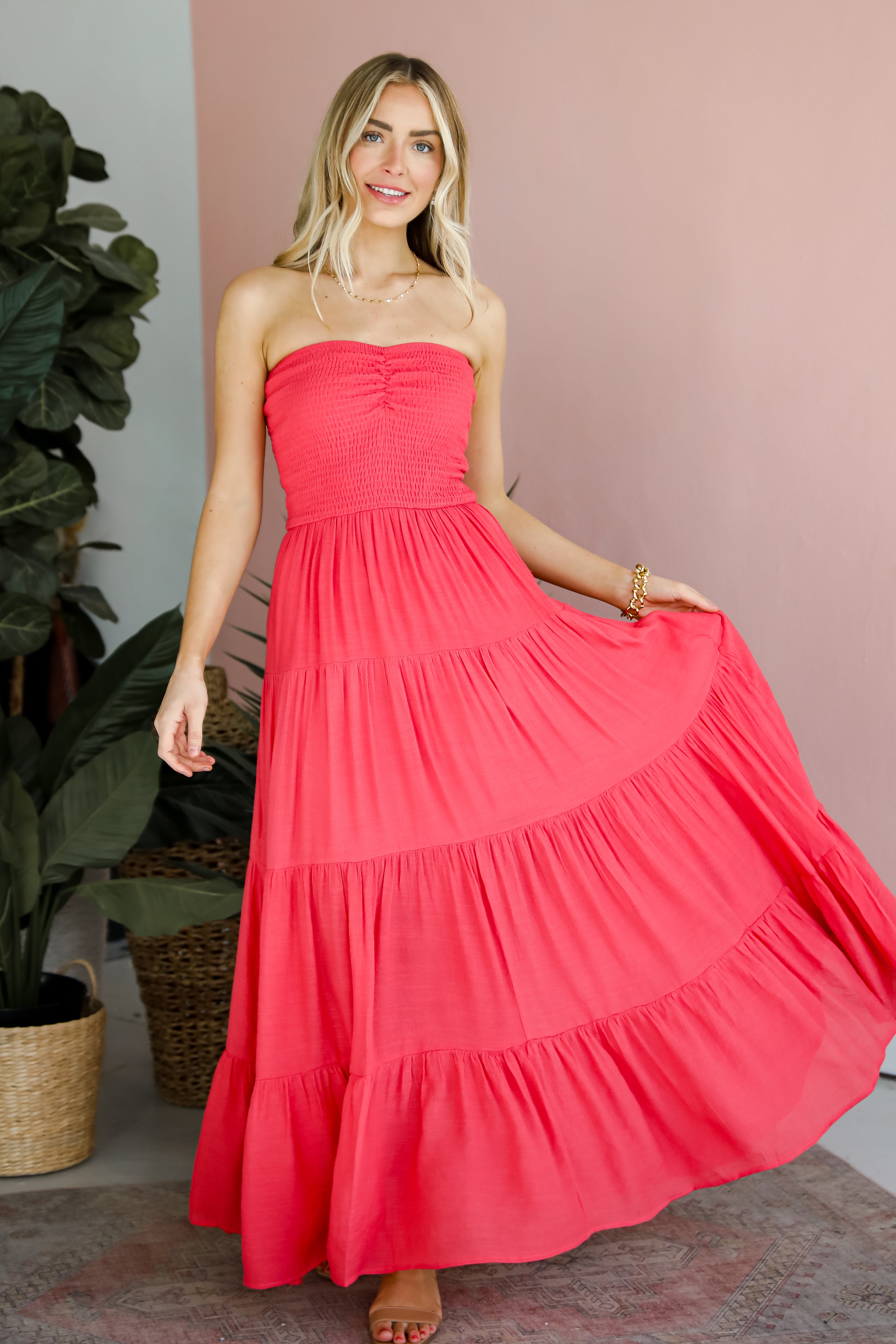 Getaway Mood Coral Strapless Tiered Maxi Dress strapless dress