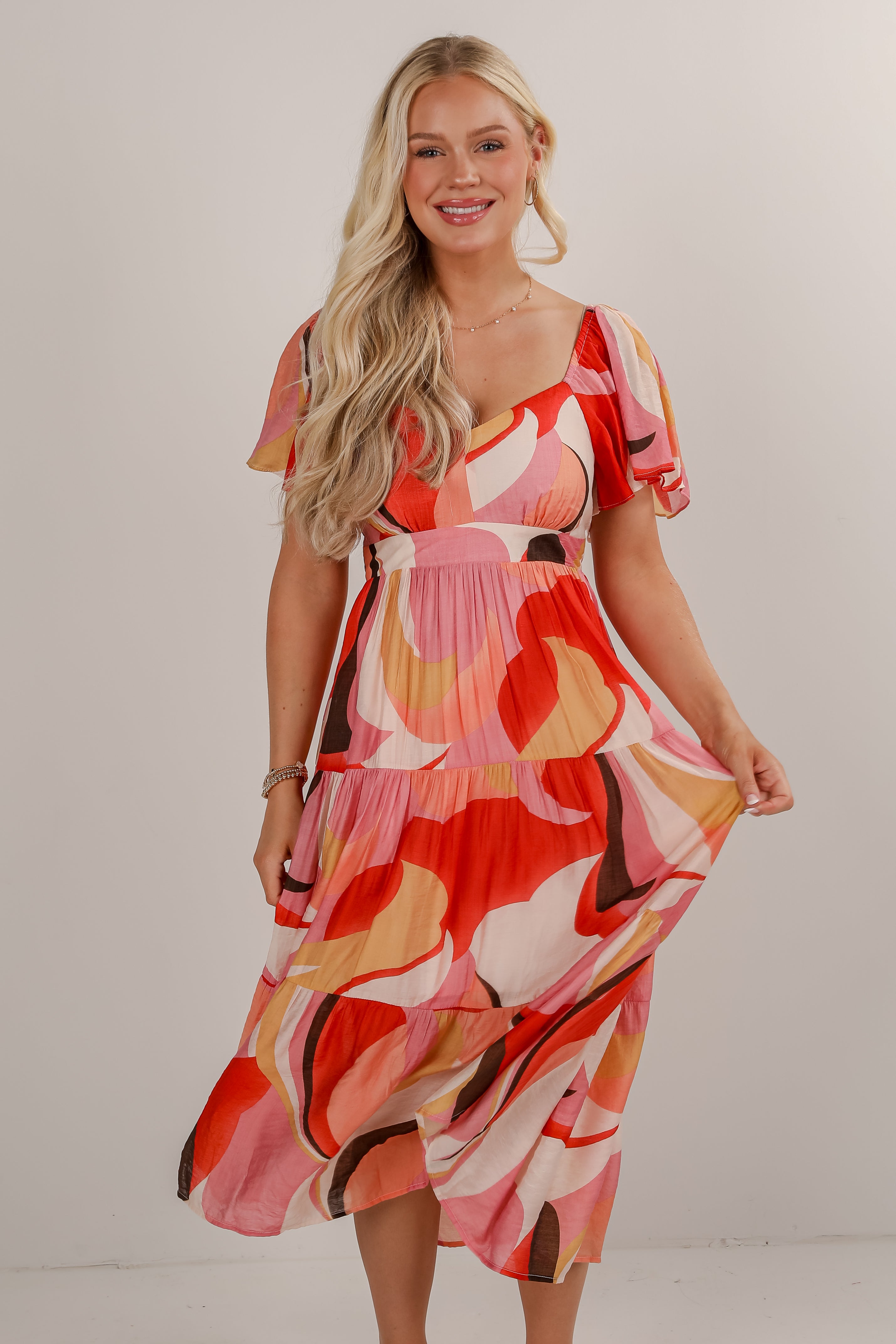 All Coming Together Coral Tiered Midi Dress