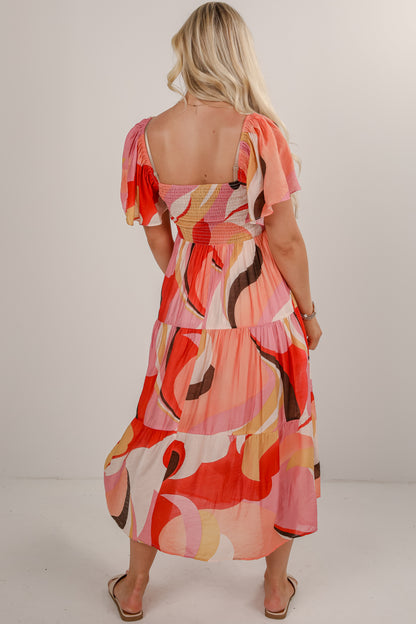 All Coming Together Coral Tiered Midi Dress