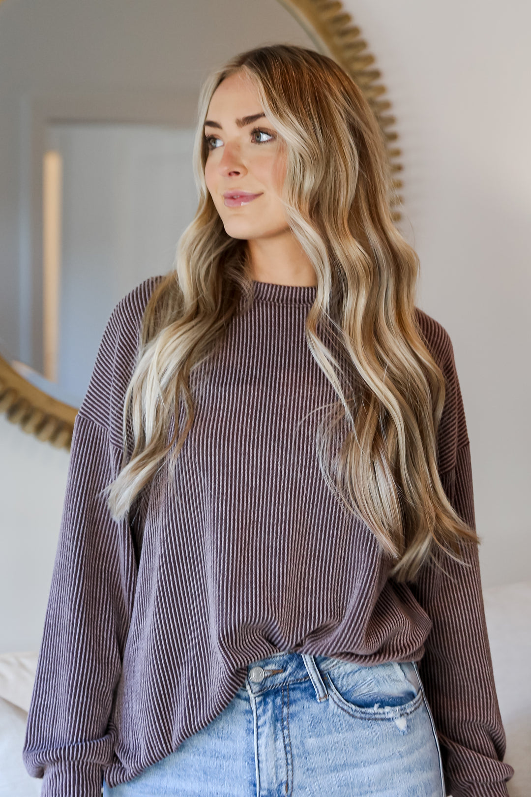 brown Corded Oversized Pullover