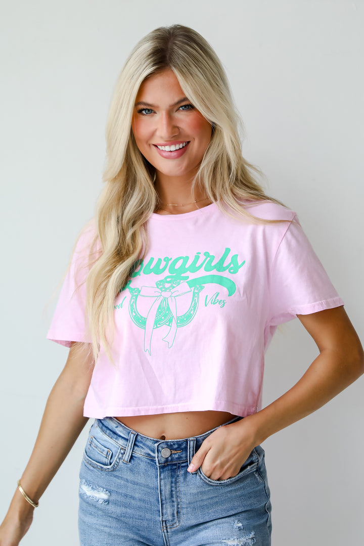Cowgirls Good Vibes Light Pink Cropped Graphic Tee