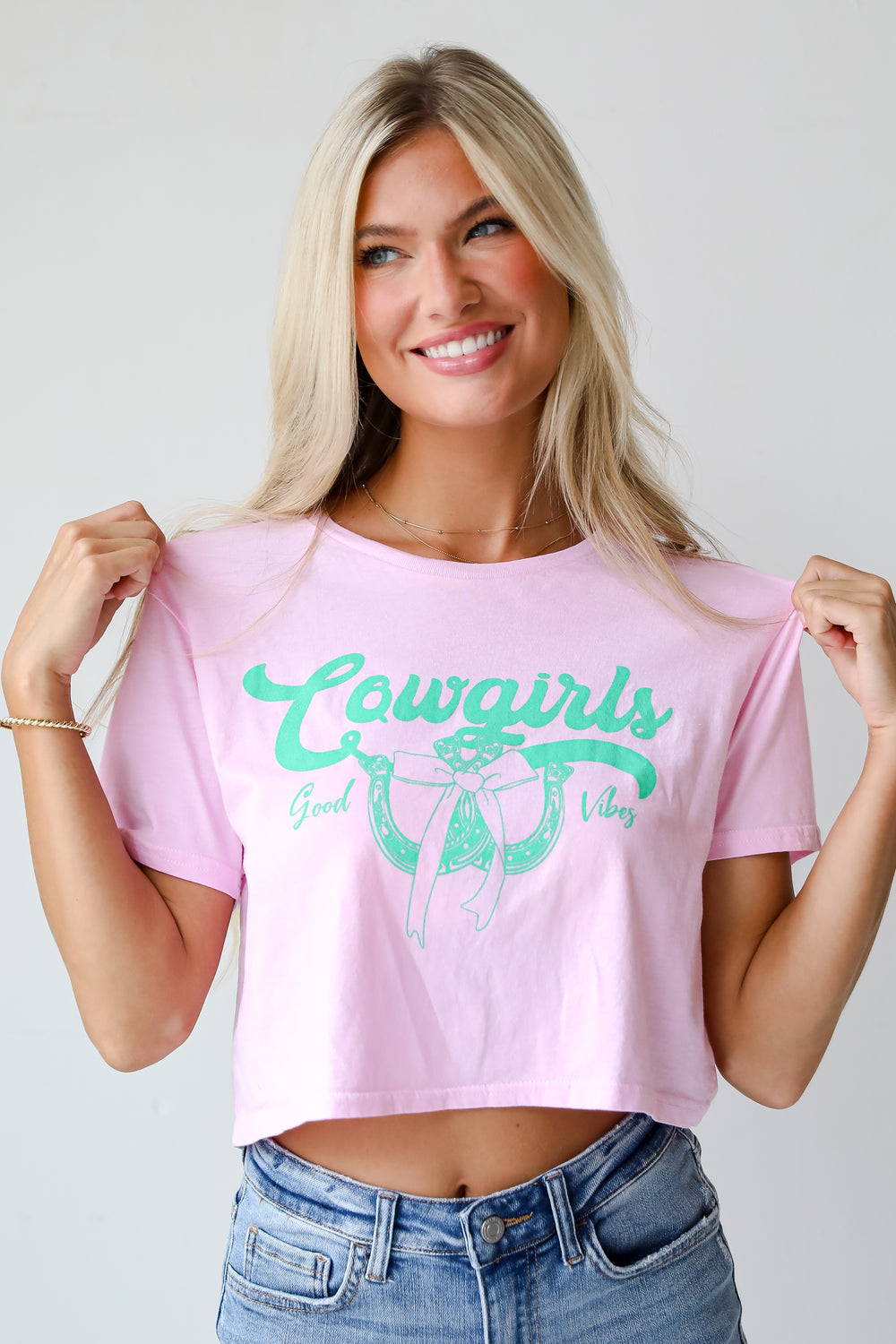 Cowgirls Good Vibes Light Pink Cropped Graphic Tee