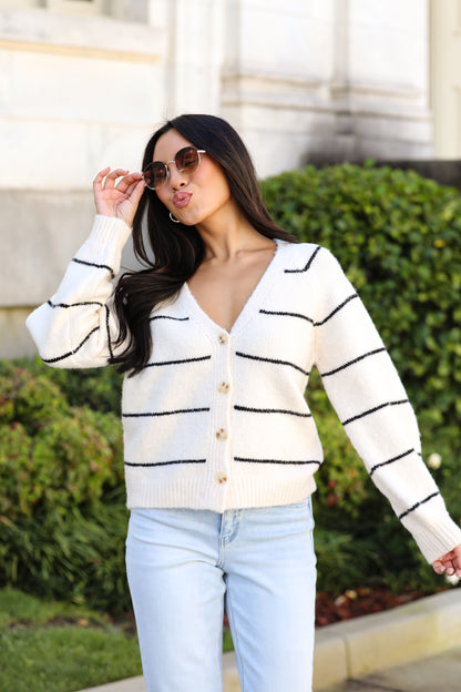 Effortlessly Lavish Cream Striped Sweater Cardigan