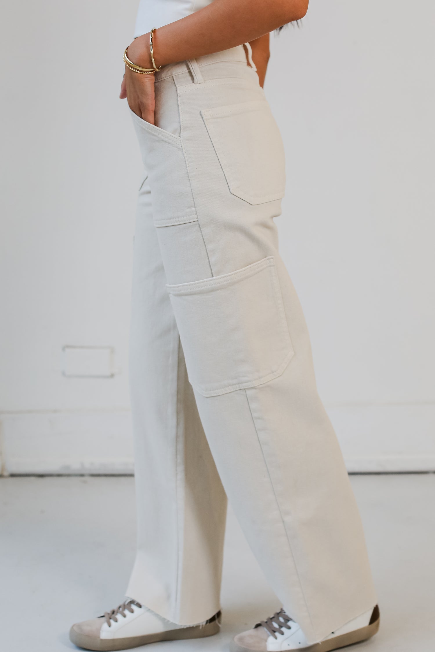 Cream Cargo Jeans side view