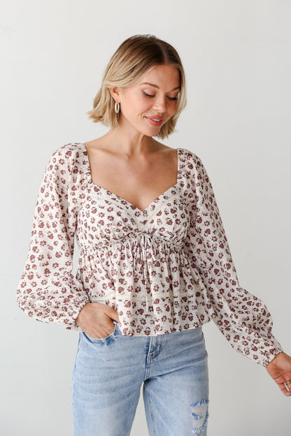 Cream Floral Babydoll Blouse on model