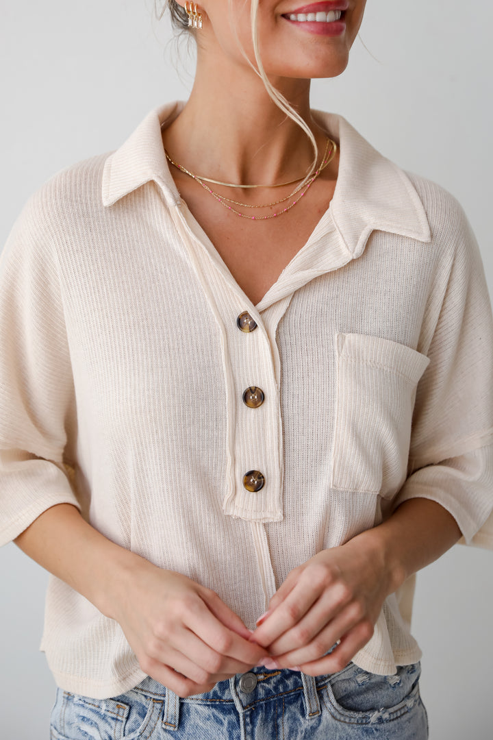 casual Cream Collared Henley Top