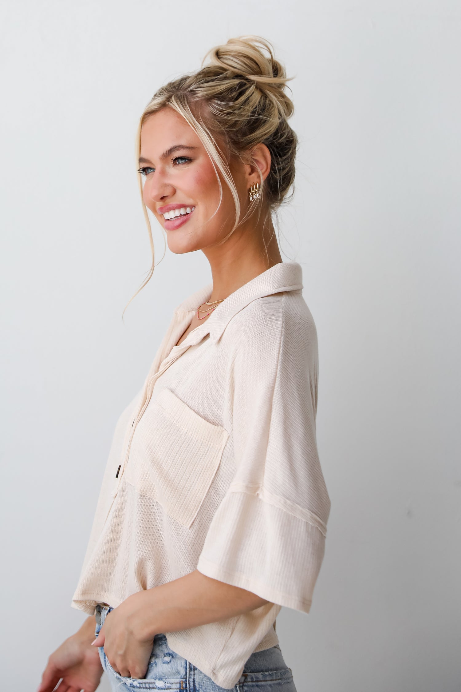 FINAL SALE - Timeless Vibes Cream Collared Henley Top - DU DEAL