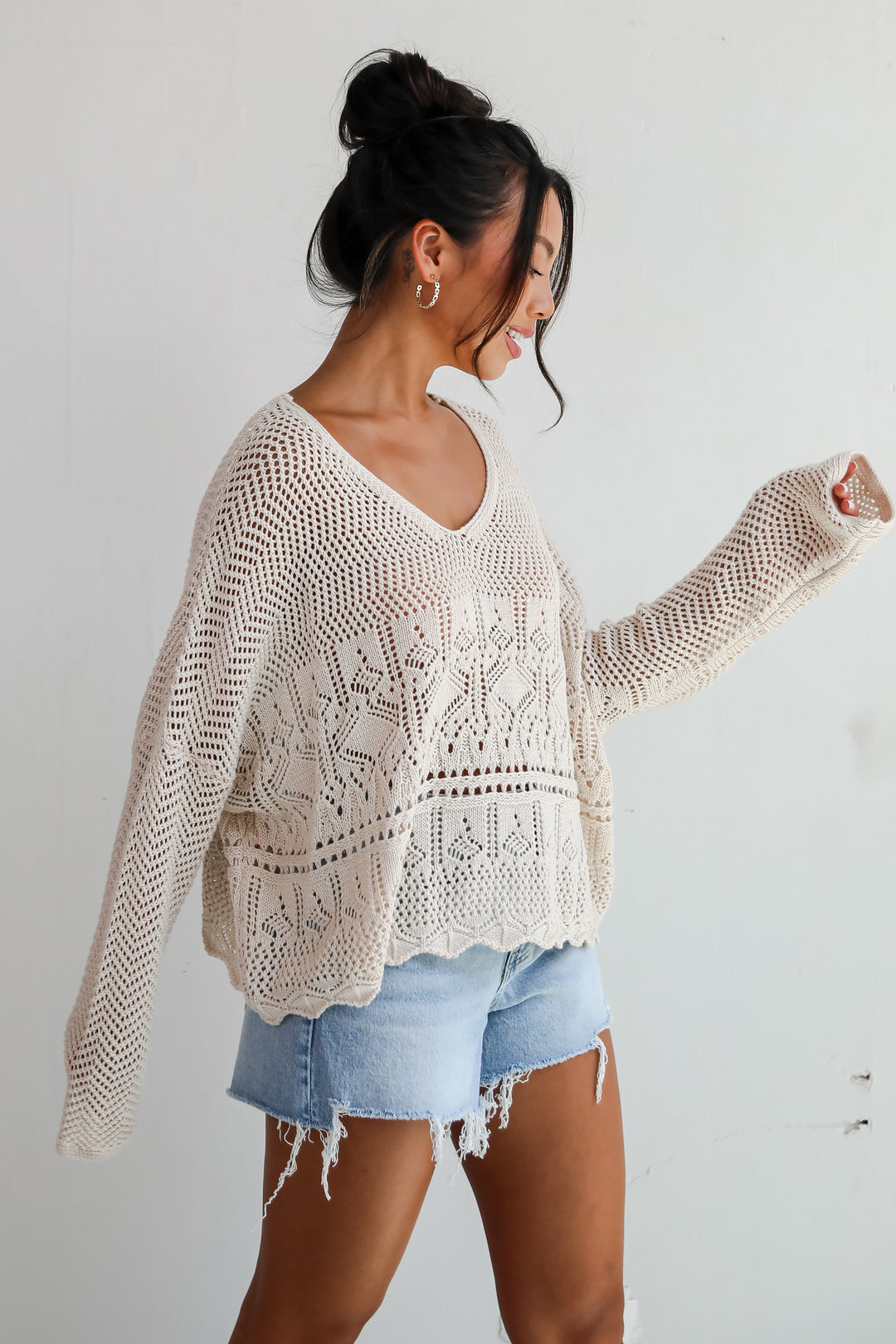 Laidback Moments Natural Crochet Knit Top