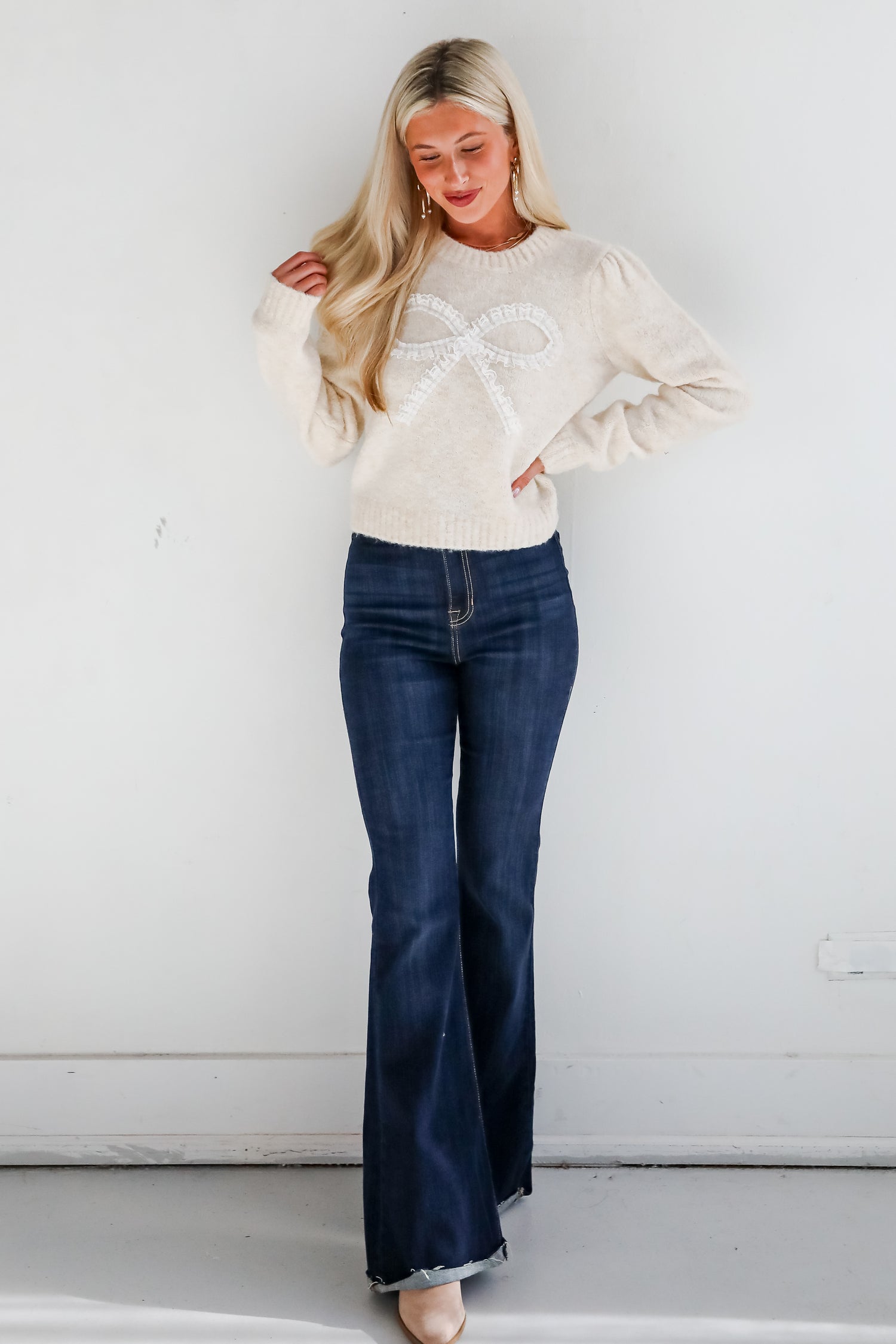 Constantly A Cutie Cream Lace Bow Sweater