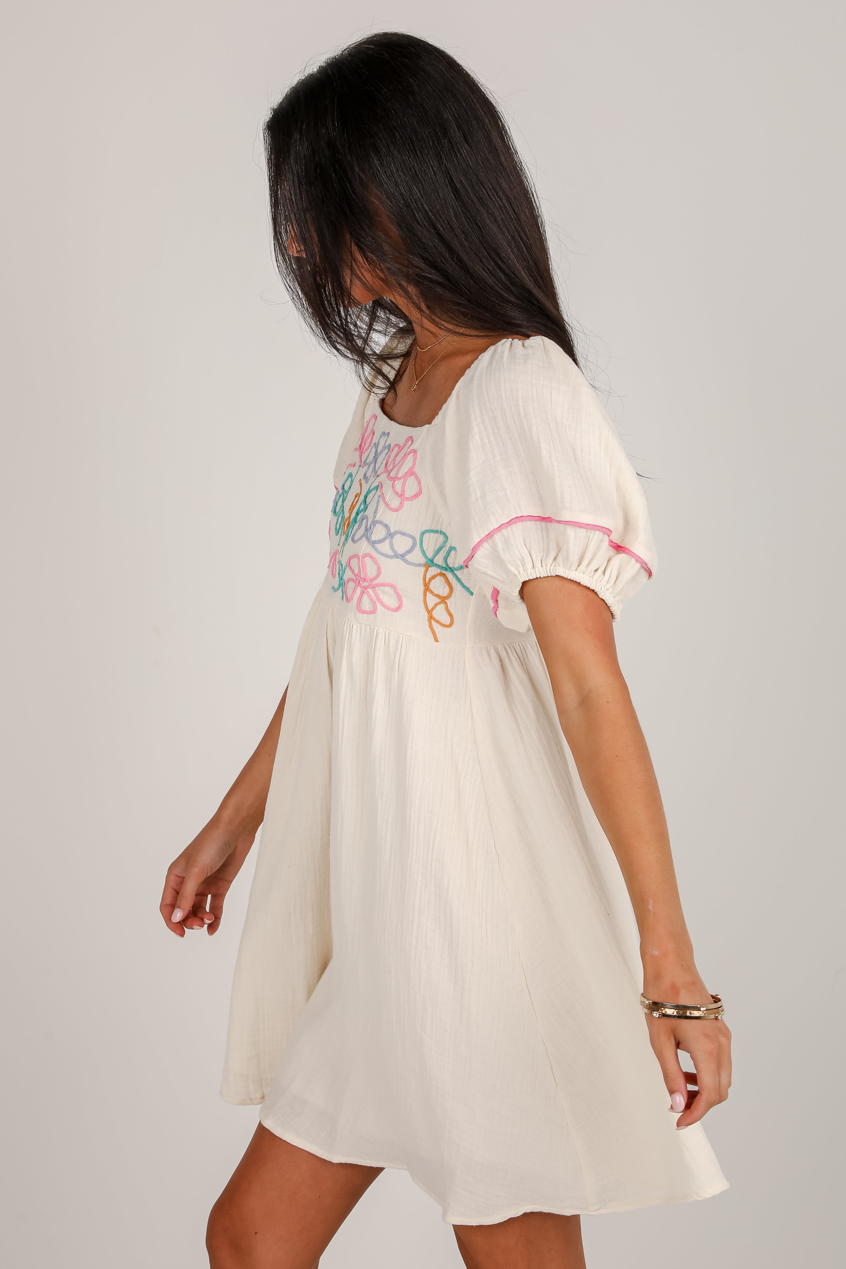 Sweet Meadow Cream Linen Embroidered Babydoll Mini Dress