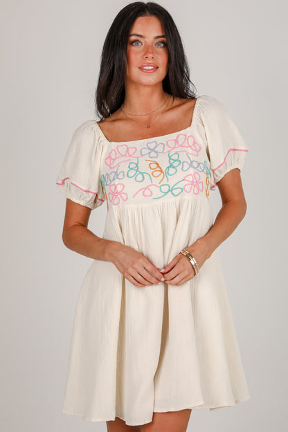 Sweet Meadow Cream Linen Embroidered Babydoll Mini Dress