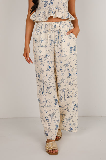 Paradise Vibes Cream Linen Tropical Wide Leg Pants