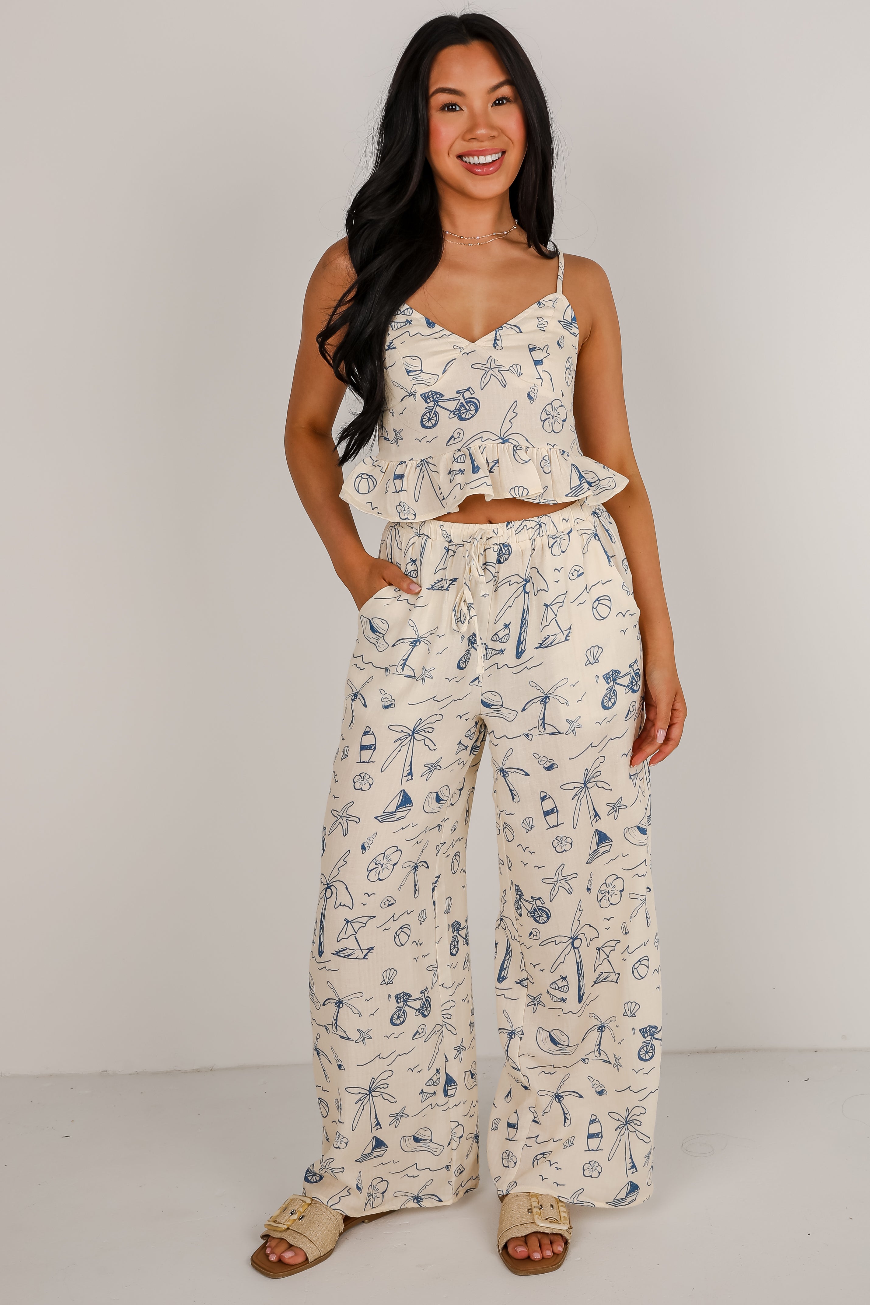 Paradise Vibes Cream Linen Tropical Wide Leg Pants