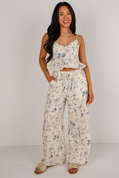 Paradise Vibes Cream Linen Tropical Wide Leg Pants