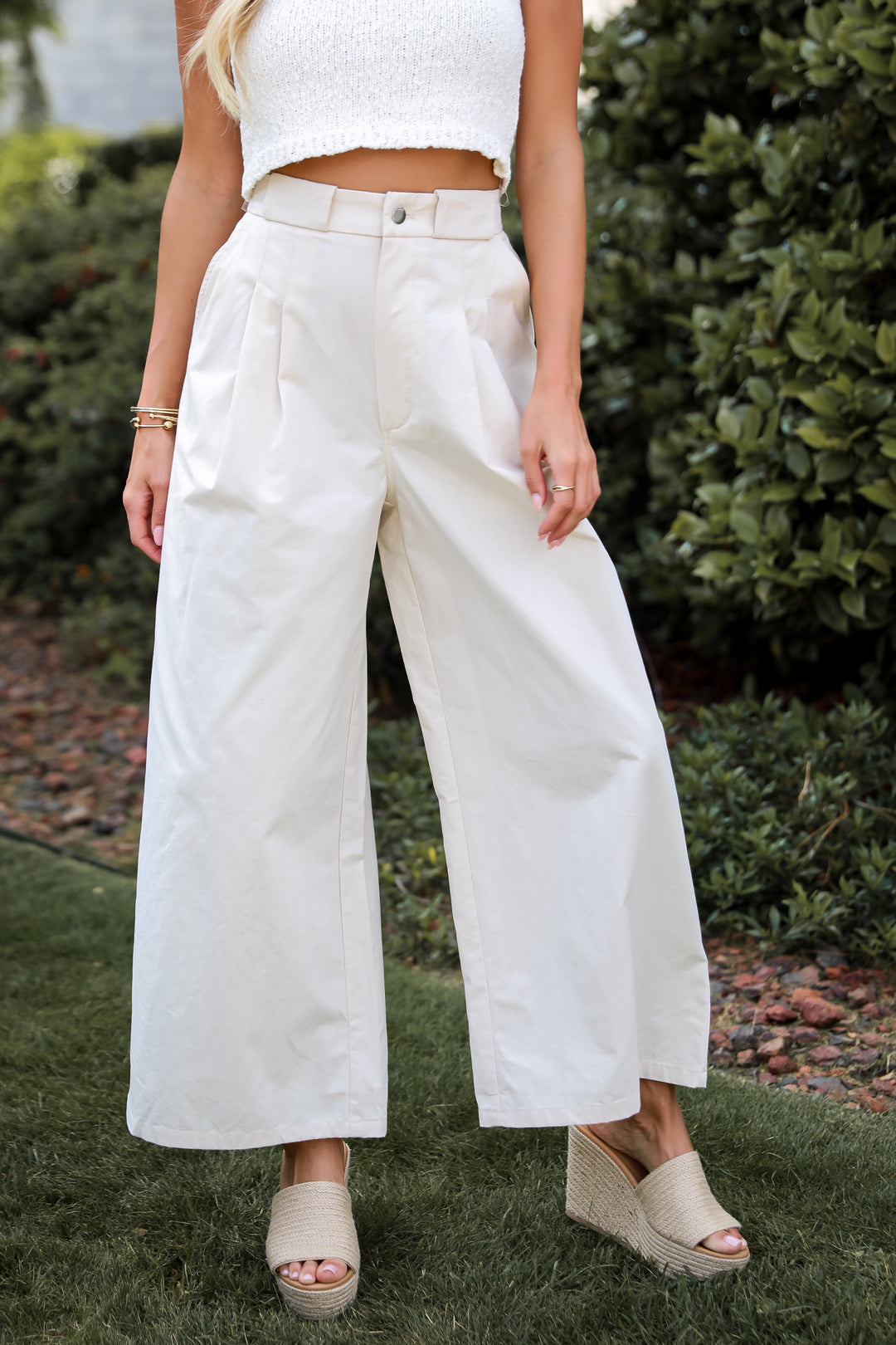 Cream Wide Leg Trouser Pants