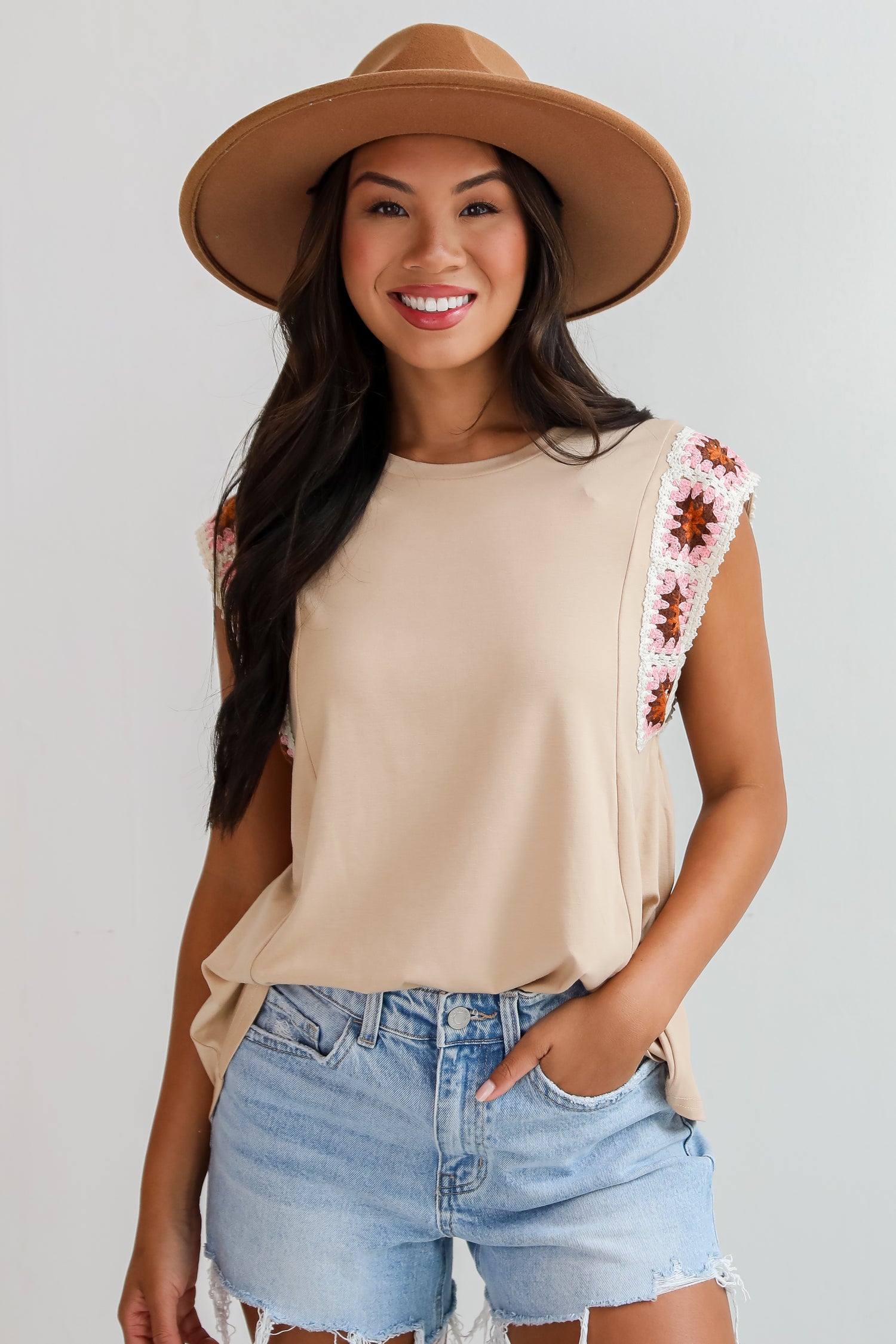 Adored Cutie Mocha Crochet Sleeve Top