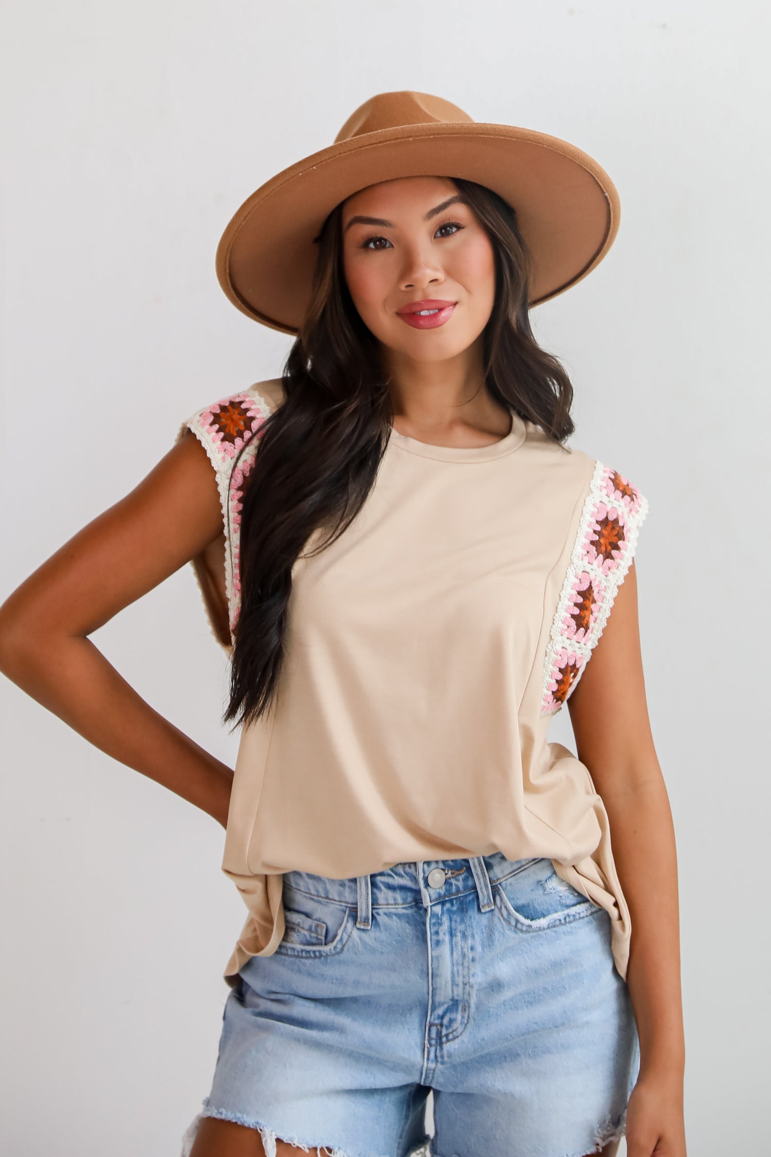 Adored Cutie Mocha Crochet Sleeve Top