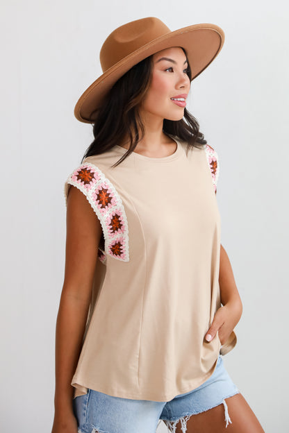 Adored Cutie Mocha Crochet Sleeve Top