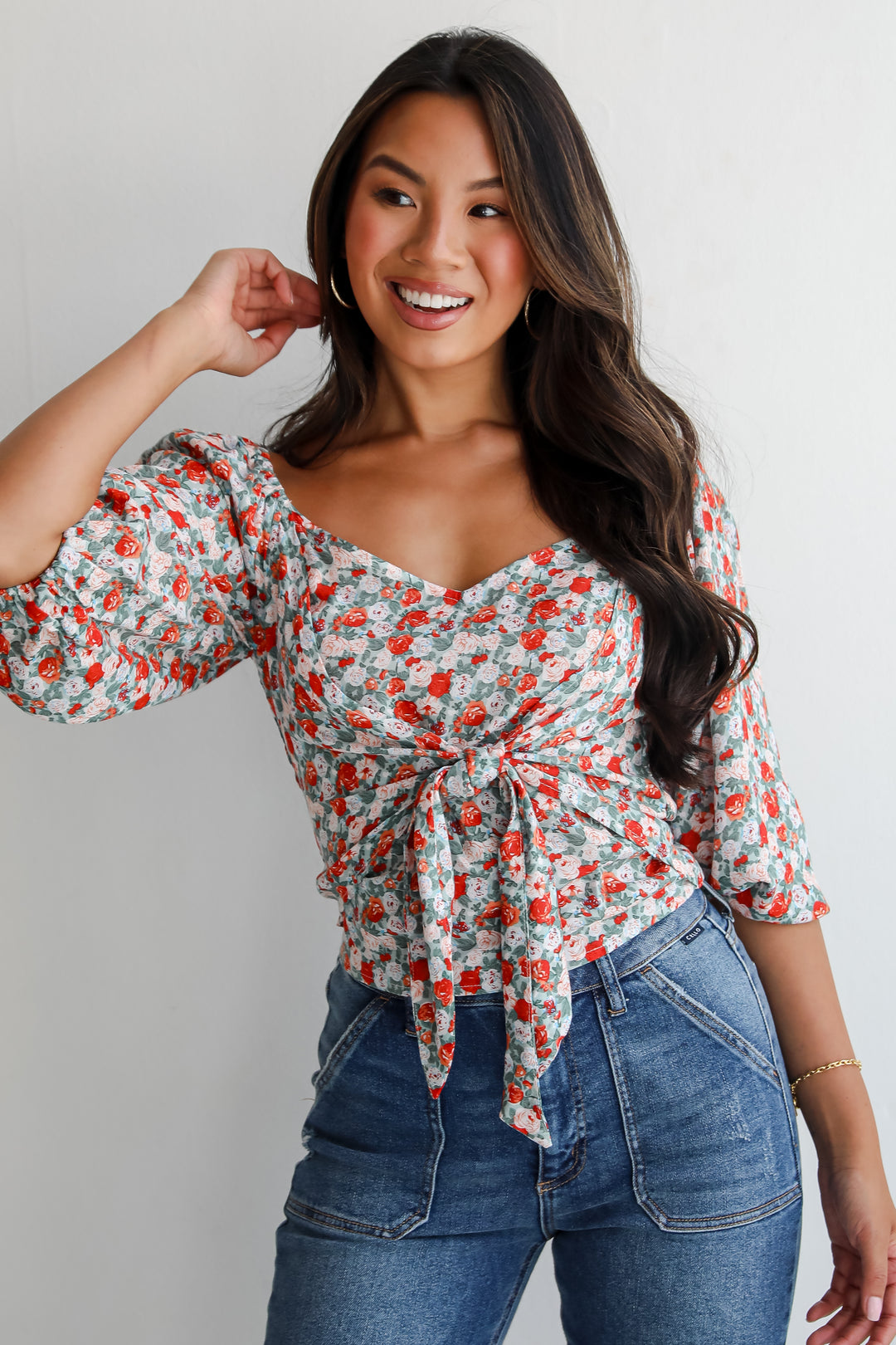 Lovely Attitude Sage Floral Cropped Blouse