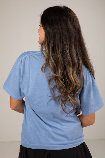 Woman wearing a light blue t-shirt with long, wavy hair on a plain background